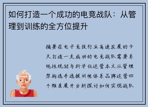 如何打造一个成功的电竞战队：从管理到训练的全方位提升